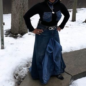 One of a kind blue jean skirt and turtleneck shirt